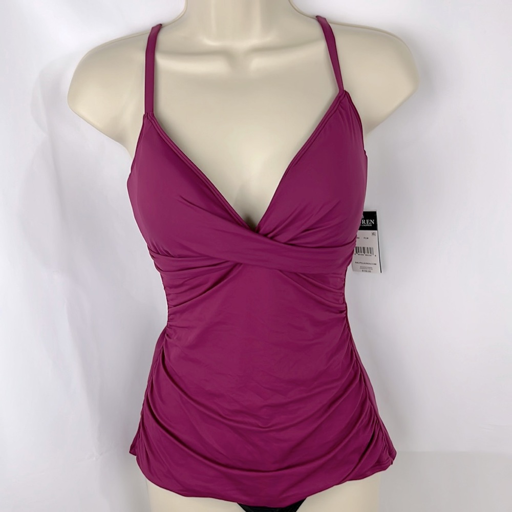 Ralph Lauren Beach Club Solids Underwire Tummy Control Tankini Top 12 NWT Plum